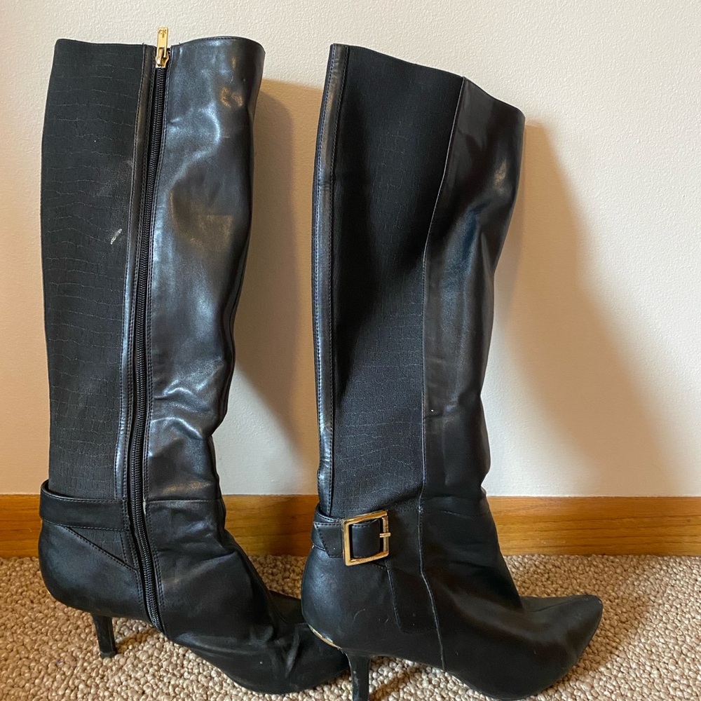 Calvin Klein Collection Black Over-the-Knee Heeled Boots with Buckle